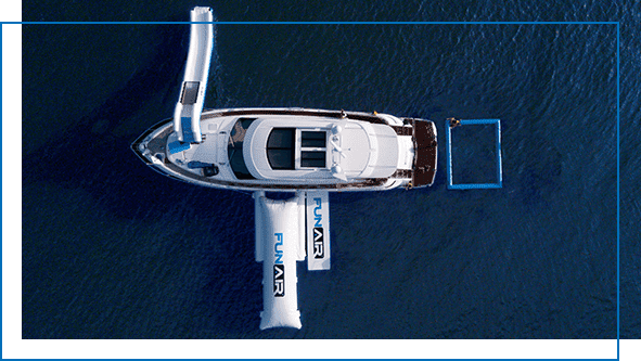 Overhead view of Lagoon Pool, Water Mat, Yacht Slide and BigAir Blob on a superyacht