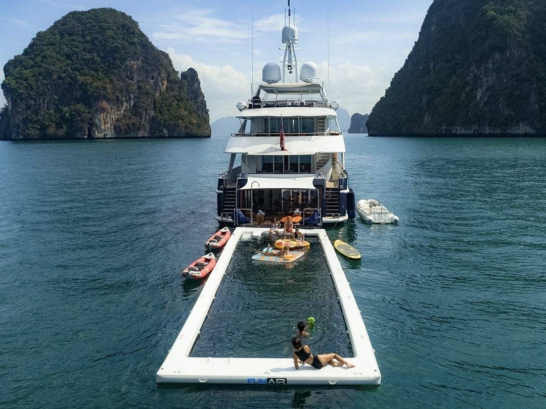 Rear view of custom Sea Pool on luxury charter superyacht Lady Azul