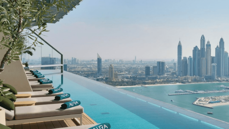 Aura Sky Pool bar in Dubai overlooking views of the city