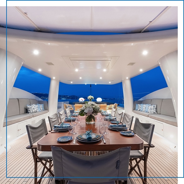 One of the many alfresco dining locations on board charter superyacht MY Spirit