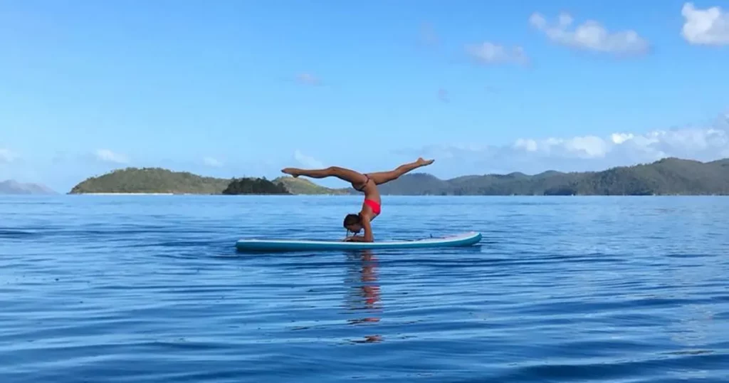 FunAir Ambassador Jessica Hansen doing yoga on a paddle board