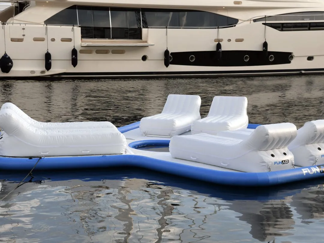 FunAir Floating Island in front of a charter superyacht