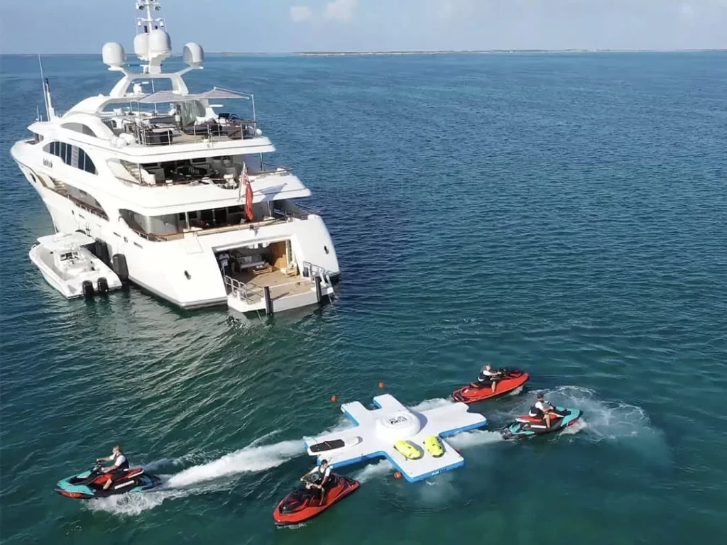 Charter superyacht with an inflatable Toy Island for Jet Skis and Sea Bobs