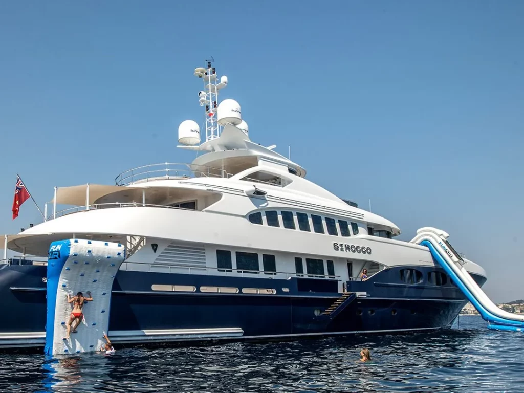 Motor Yacht Sirocco with her FunAir Climbing Wall and Yacht Slide