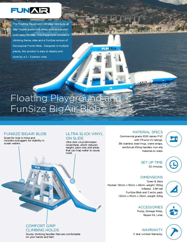 FunAir Floating Playground and FunSize BigAir Blob specification sheet