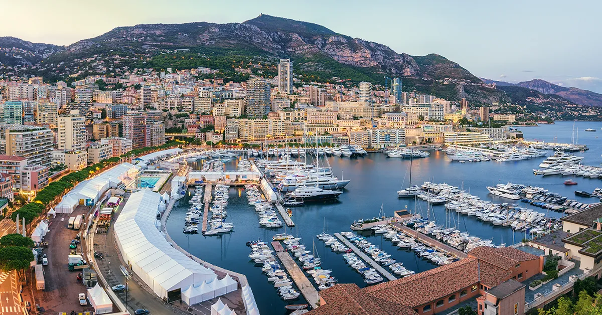 View of Port Hercule in Monaco with superyachts anchored for the Monaco Yacht Show