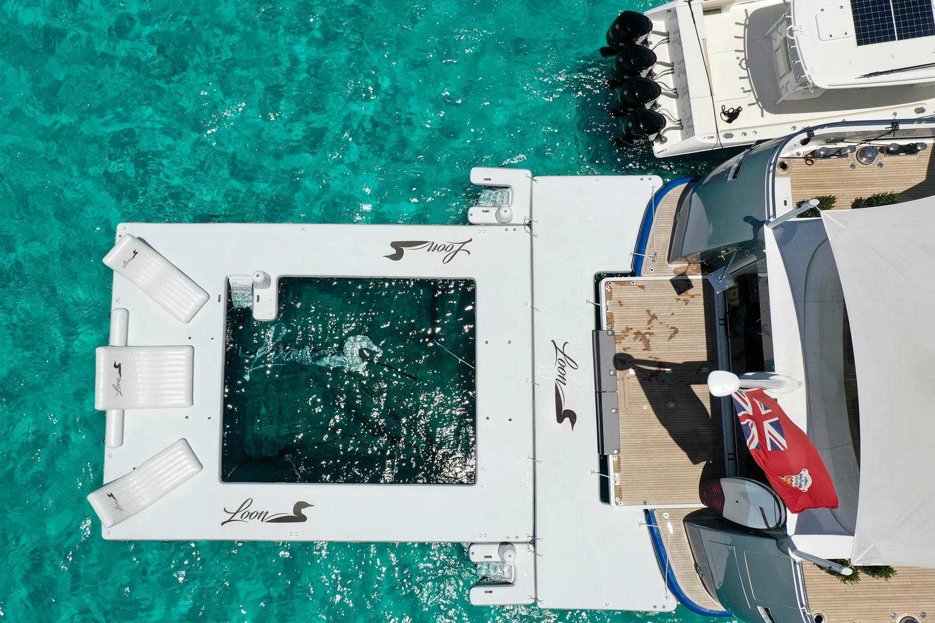 Charter superyacht Loon pool loungers birds eye view