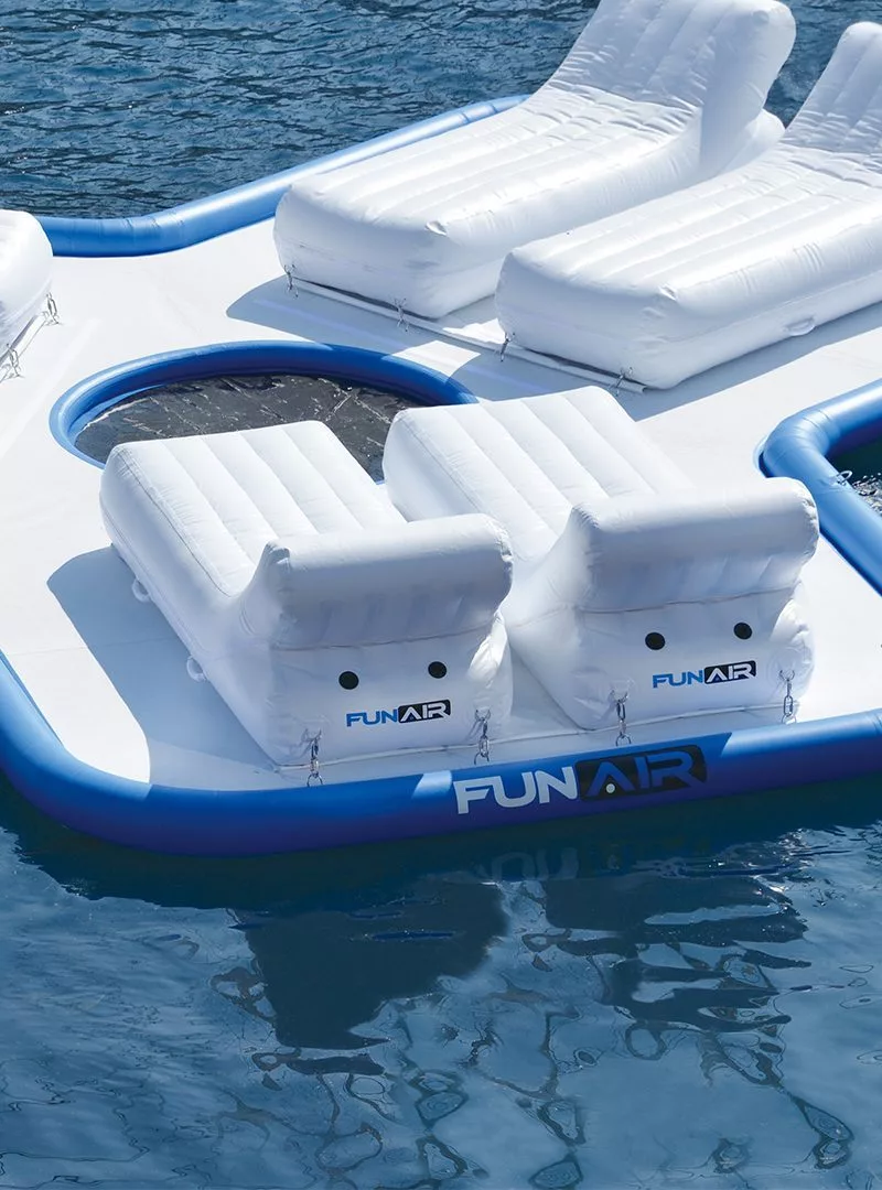 Close up images of the inflatable loungers on a FunAir Floating Island
