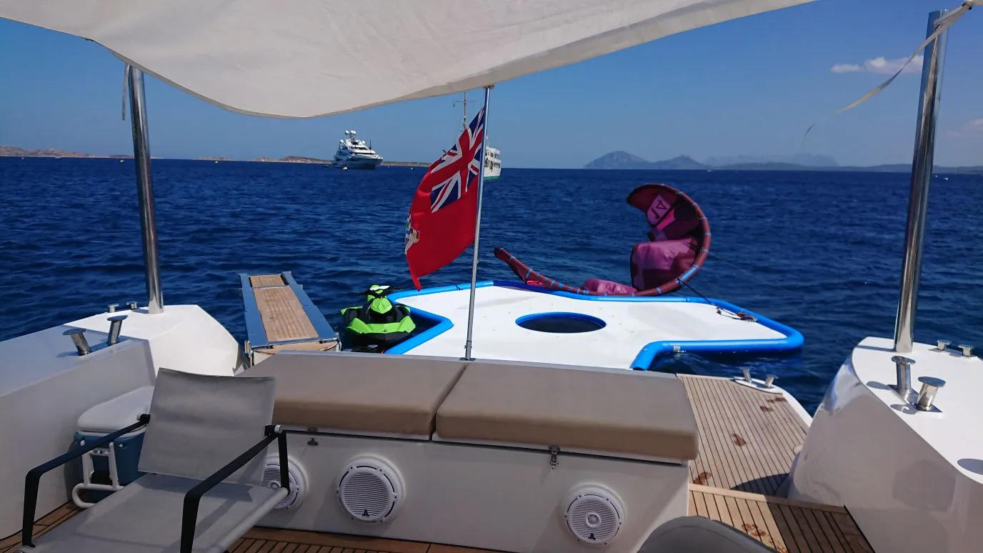 Inflatable Floating Island on charter yacht MY Roe