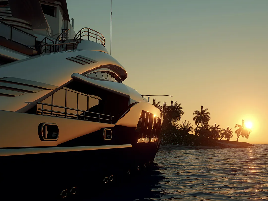 Charter superyacht at sunset