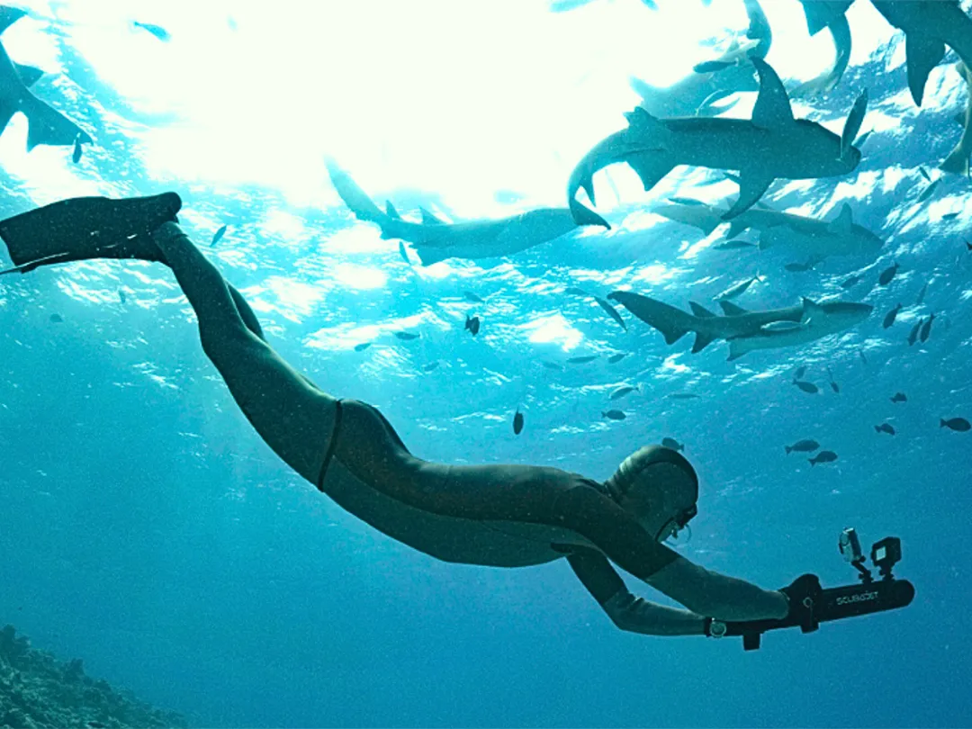 Yacht crew member free diving with a SCUBAJET Portable