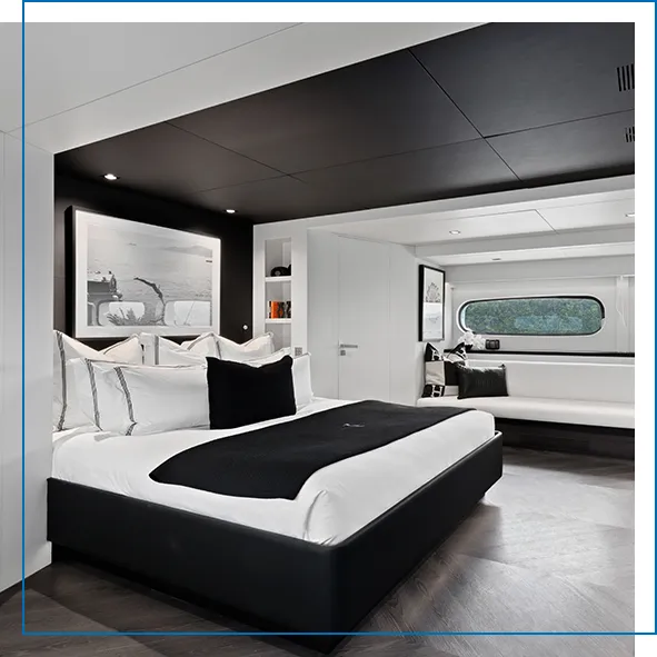 The elegant master bedroom on board charter yacht MY Impulsive