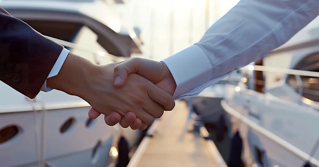 A superyacht Captain meeting a new crew member face to face in a luxury yacht marina
