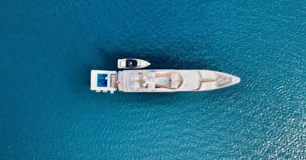 Drone view of MY Treehouse showing the FunAir superyacht inflatable sea pool