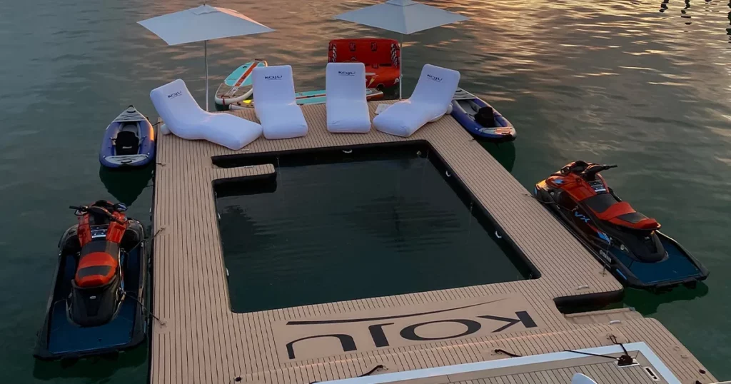 FunAir custom Sea Pool Wave Loungers and Umbrellas on Motor Yacht Koju
