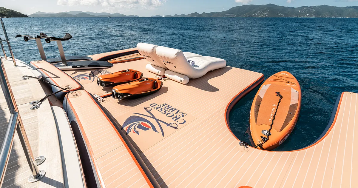 Hottest Yacht Toys FunAir Wave Loungers and custom Jet Ski Dock on charter yacht MY Crossed Sabre
