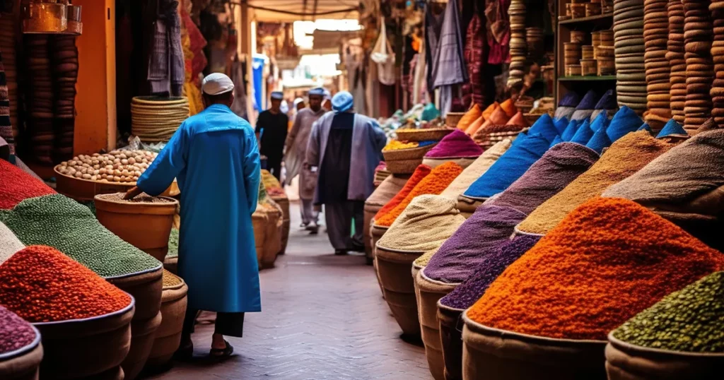 spices and grains on display in a traditional Turkish market