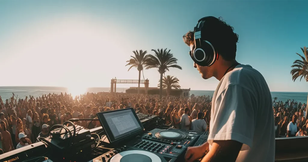 A DJ at an open air evening party attended by yacht crew in the south of france