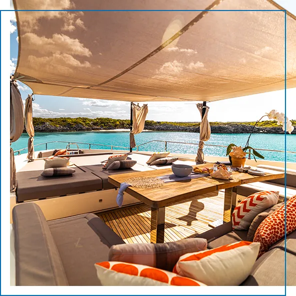 Sun canopy and guest seating on charter superyacht Fifi