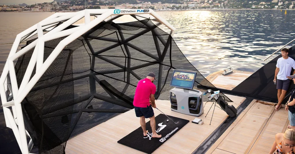 FunAir Off the Deck GeoDome Golf Net on Motor Yacht Loon with guests