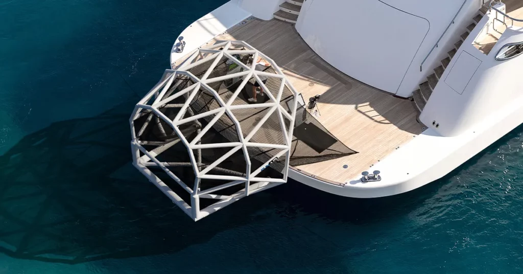 The FunAir Off the Deck GeoDome Golf Net on a charter superyacht