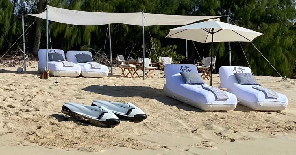 MY Samaurai FunAir Beach Loungers set up ready for charter guests to enjoy a beach day