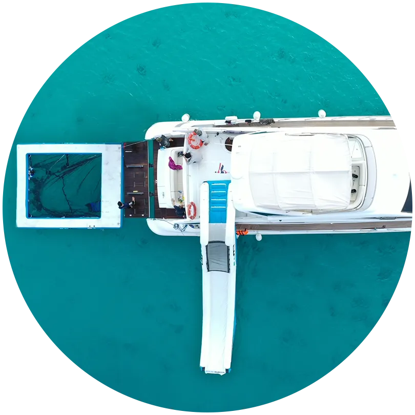 Dron iomage of small yacht with FunAir inflatables