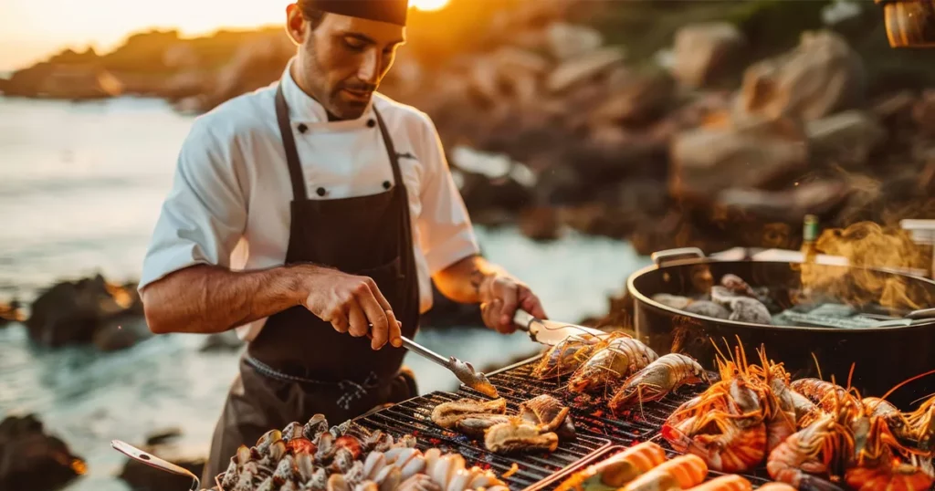 a chef from a charter superyacht prepares a BBQ for yacht guests on a beach excursion