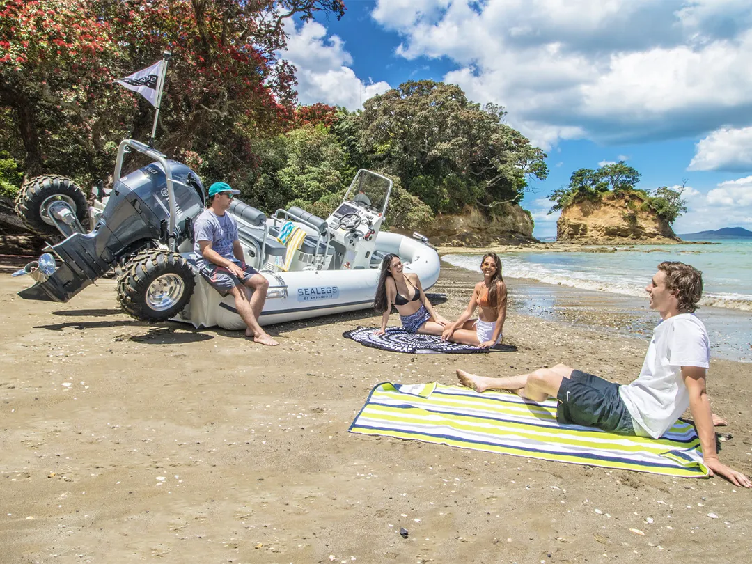 Superyacht charter guests on a beach with a Sealegs Luxury Tender