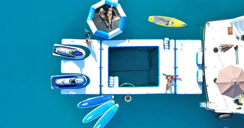 Drone view of FunAir FunFlex superyacht inflatables on charter yacht MY Alice