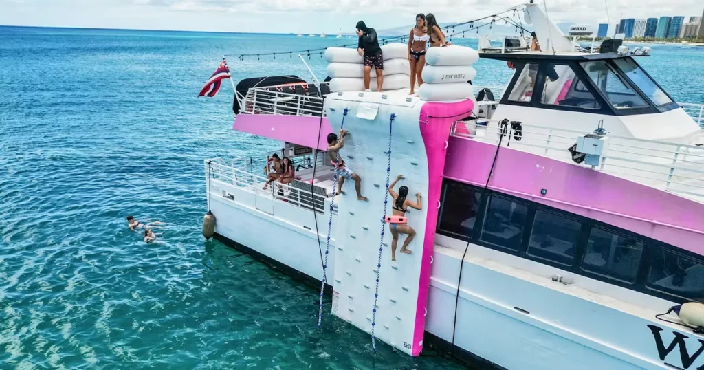 The FunAir custom Inflatable Superyacht Climbing wall used by young charter guests on MY Wahine Koa