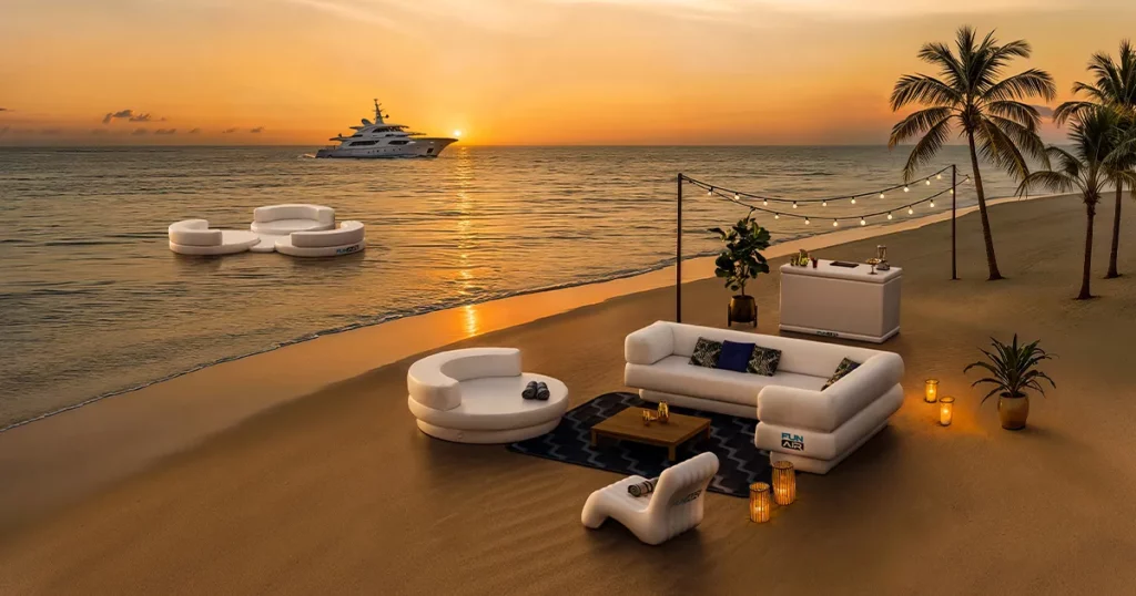 New Superyacht Inflatables from FunAir at Monaco Yacht Show 2025 Sunset Beach Setup - Inflatable Bar, Corner Sofa, Wave Chair, Club Chaise