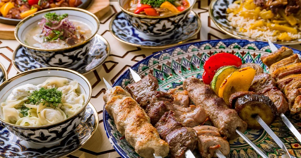 dishes of lagman, pilaf, skewers