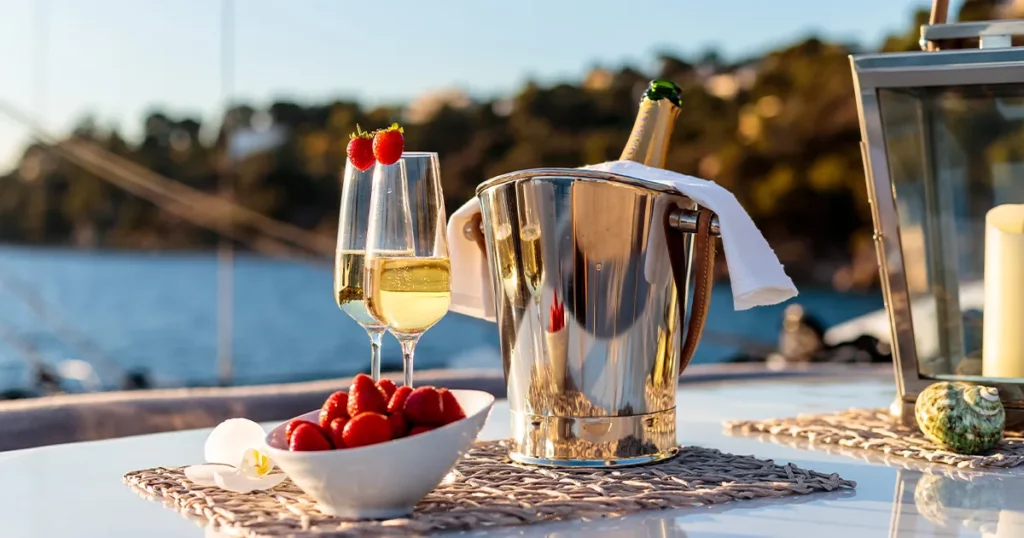 strawberries and champagne on the deck of a charter superyacht in the caribbean