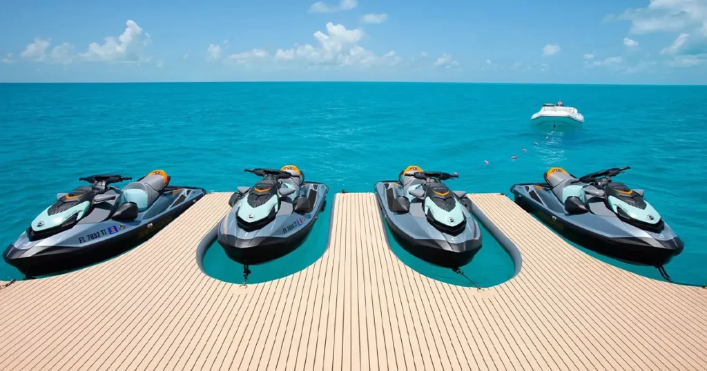 Charter Superyacht No Bad Ideas custom FunAir inflatable Jet Ski Dock