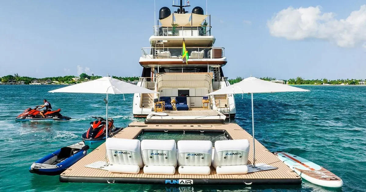 FunAir inflatable sea pool and loungers designed for yachting deployed from superyacht Koju at anchor in the Caribbean