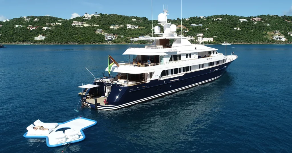 Motor Yacht Broadwater in the Bahamas with FunAir Inflatables Superyacht Floating Island