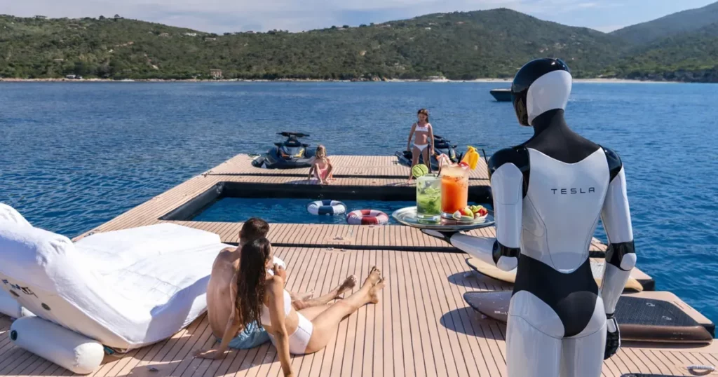 humanoid robot serving drinks on a funair sea pool