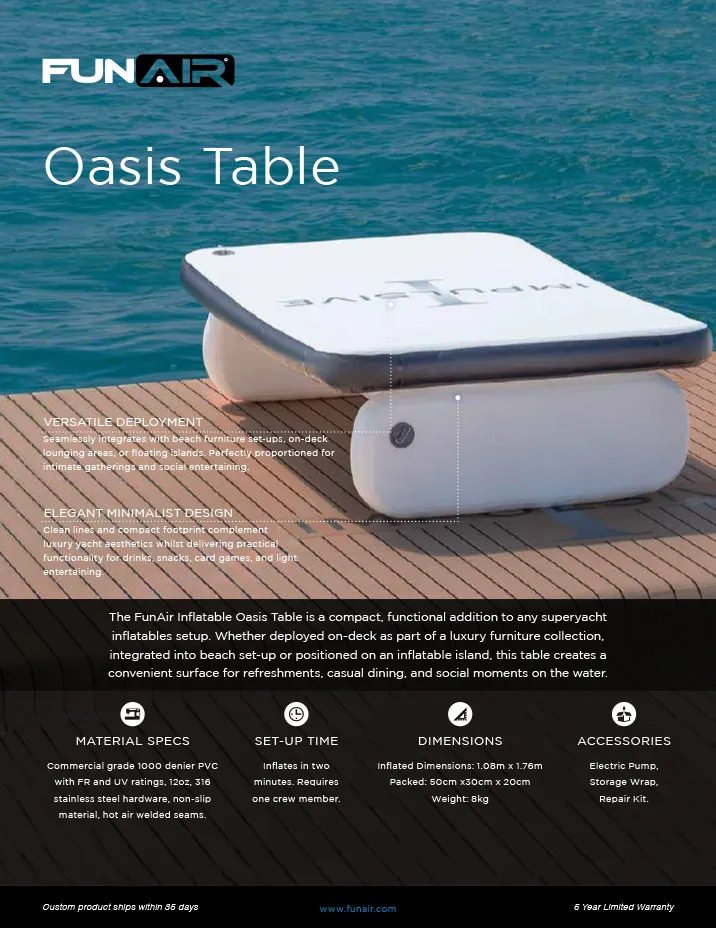FunAir Oasis Table Spec Sheet